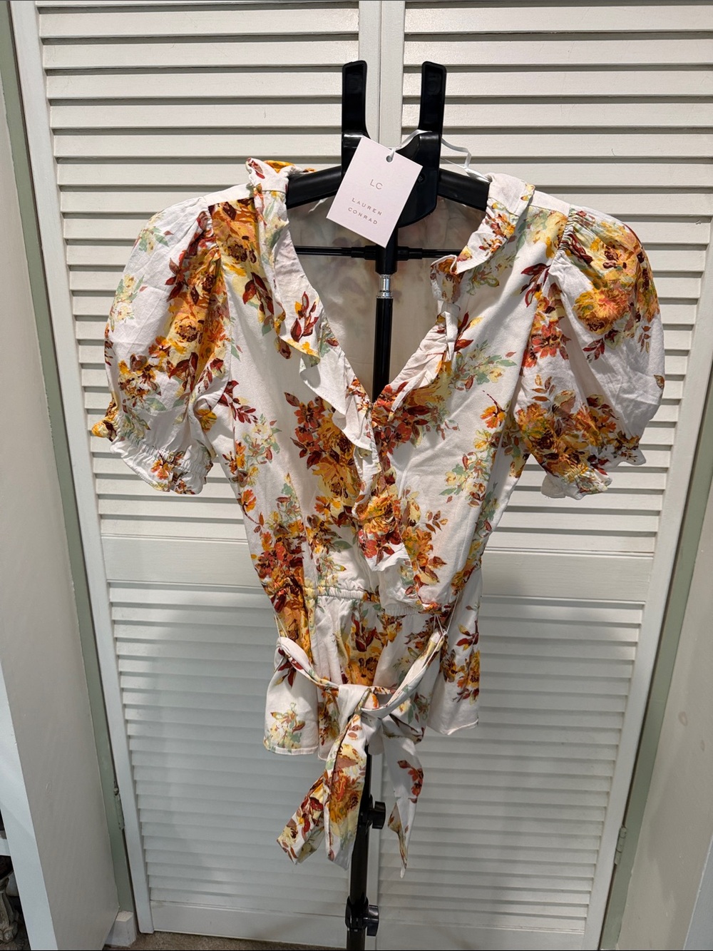 LC Lauren Conrad White Blouse with Yellow and Rust Floral Print